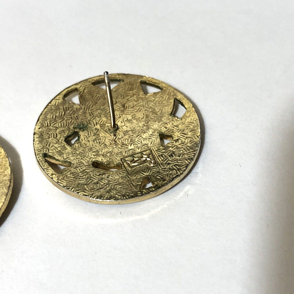 Retro Enamel Purple Earrings Gold Flower Circle Pierced Cutouts, Fish and Crown - Picture 7 of 8